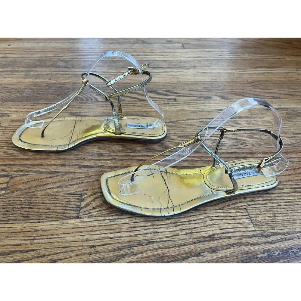 PRADA Milano Gold Strap Flat Sandals Shoes  Women's Size EU 38 US 7.5